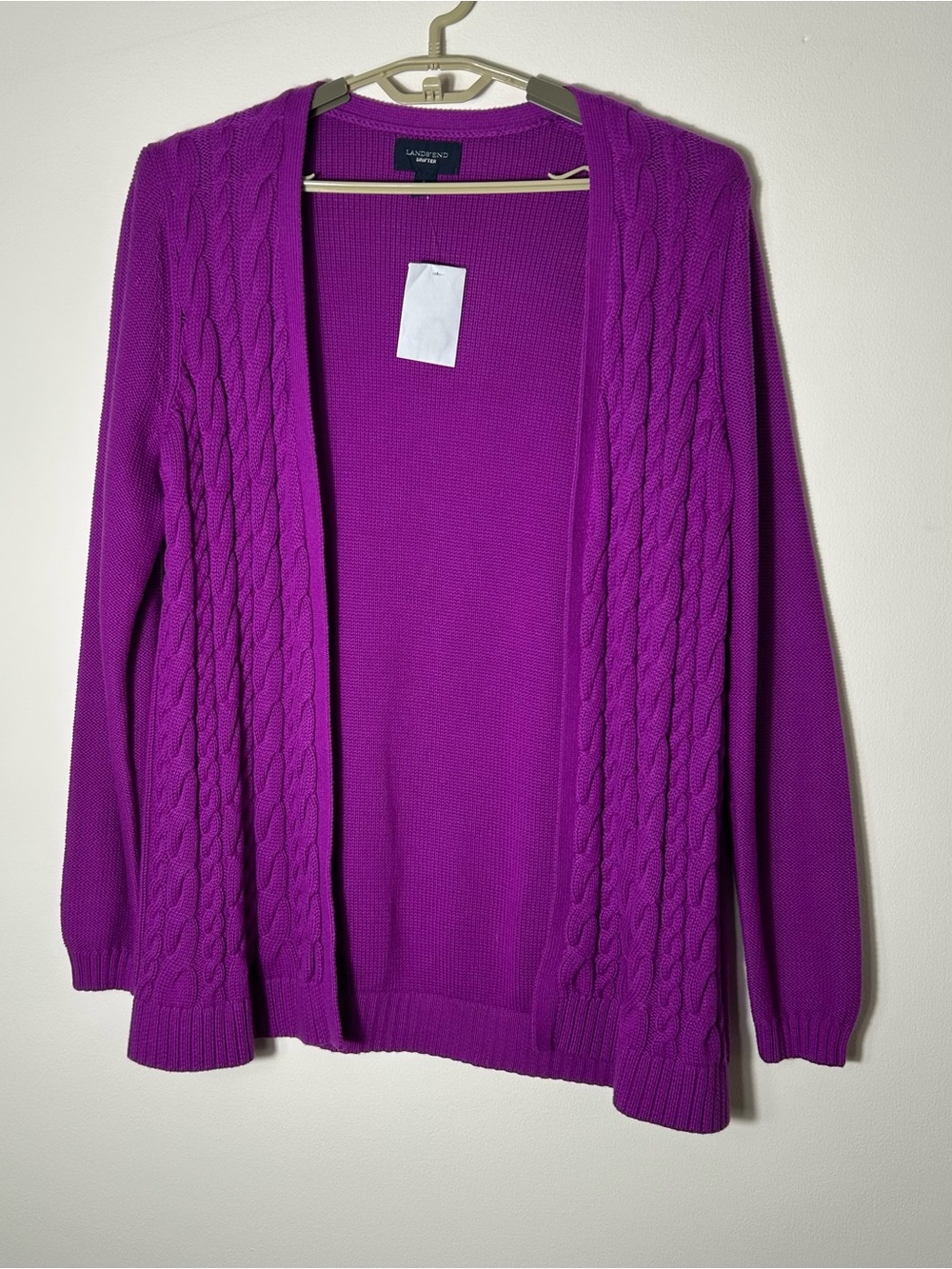 Lands End Drifter Cardigan Womens Large Purple Cable Knit Open Front Sweater